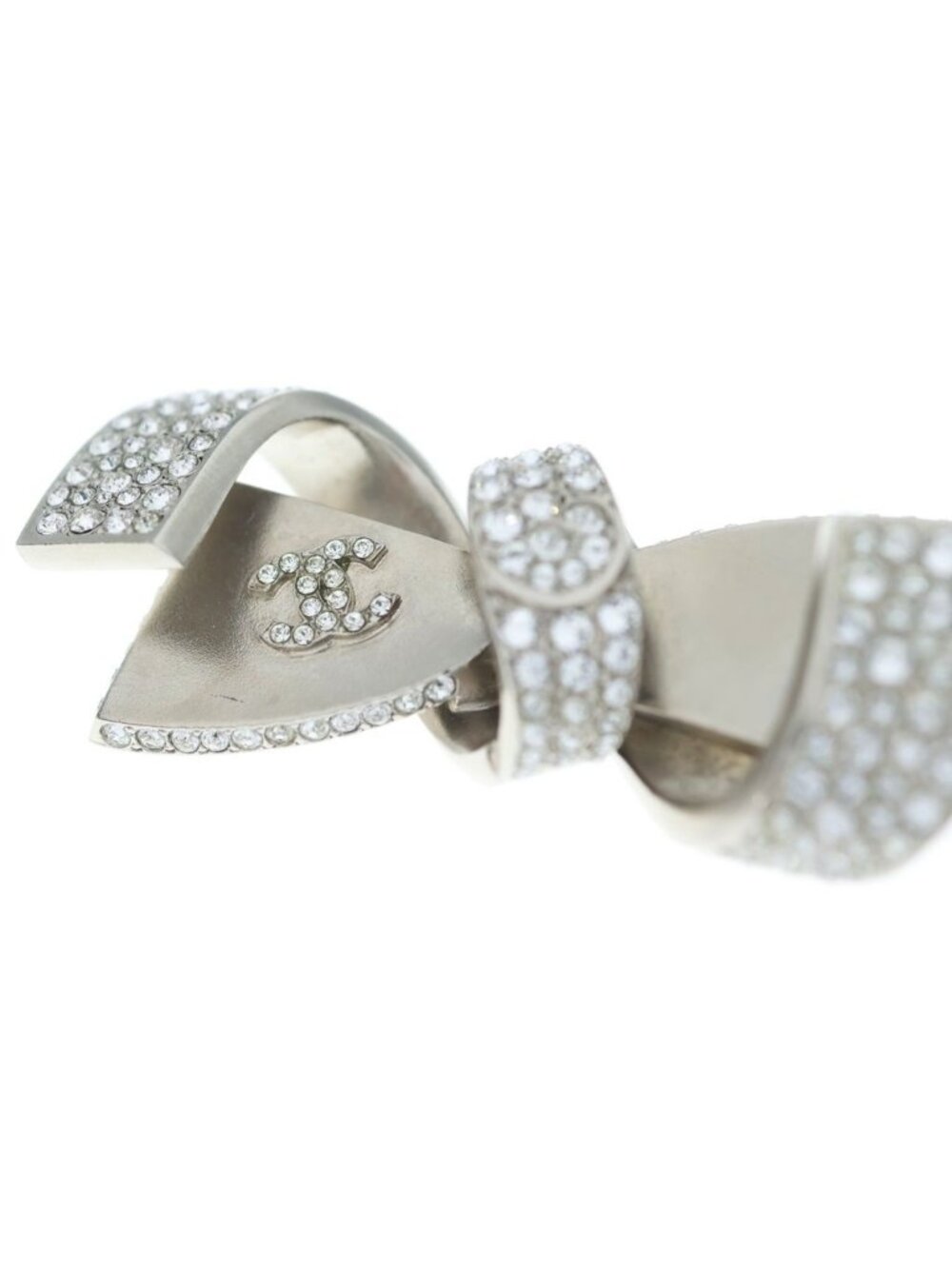 Chanel CC Logo Coco Ribbon Brooch Rhinestone Silver - Picture 5 of 6